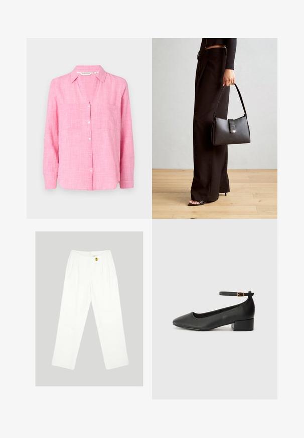 Ružová košeľa na gombíky s dlhými rukávmi, dvoma vreckami na hrudi a uvoľneným strihom. Vyrobená z ľahkej tkaniny s textúrovaným vzorom.; Biele nohavice s širokými nohavicami vyrobené z hladkej tkaniny. Majú jediné zapínanie na žltý gombík a plisovaný predný dizajn. Žiadne viditeľné vrecká.; Čierne kožené lodičky s špicatou špičkou a nízkym blokovým podpätkom. Obsahuje remienok okolo členka so zlatým prackou. Hladký povrch.; Čierna kabelka so štruktúrovaným tvarom, hladkou textúrou a kovovou sponou. V kombinácii so širokými čiernymi nohavicami a sandálmi s otvorenou špičkou na drevenej podlahe.