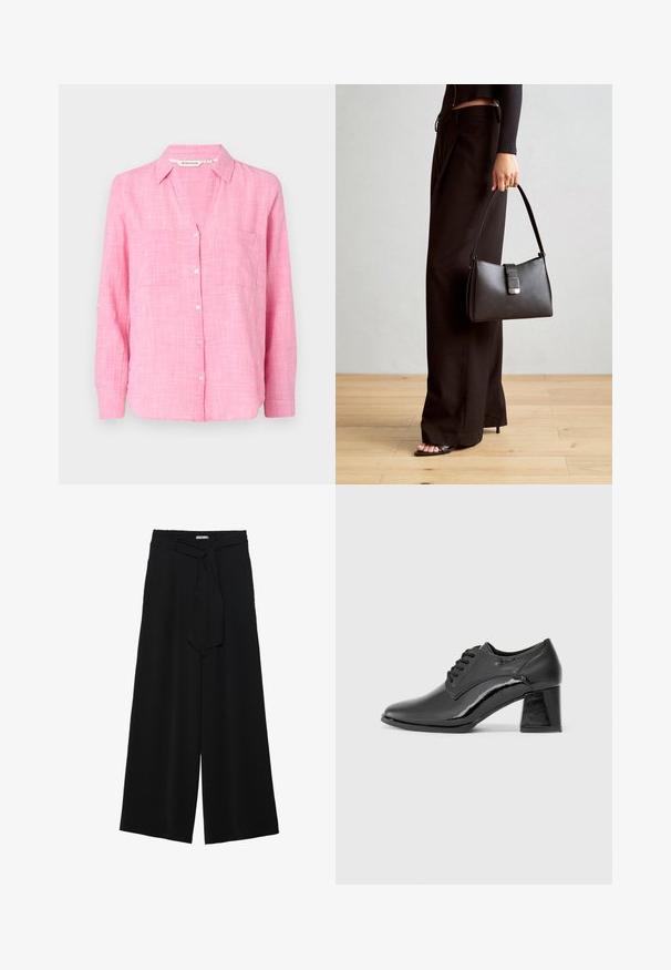 Camicia button-up rosa con maniche lunghe, due tasche sul petto e vestibilità rilassata. Realizzata in tessuto leggero con un motivo testurizzato.; Pantaloni neri a gamba larga caratterizzati da un tessuto testurizzato, una vita elastica e una cintura staccabile per una vestibilità regolabile.; Scarpe in vernice nera con punta arrotondata, design con lacci e tacco quadrato alto. Texture liscia con finitura lucida.; Borsa nera con forma strutturata, texture liscia e una chiusura metallica. Abbinata a pantaloni neri larghi e sandali open-toe su un pavimento in legno.