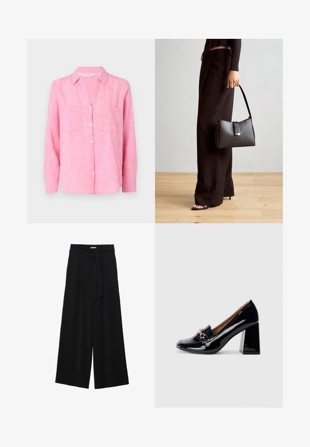 Pink button-up shirt with long sleeves, two chest pockets, and a relaxed fit. Made of lightweight fabric with a textured pattern.; Black wide-leg pants featuring a textured fabric, an elastic waistband, and a detachable sash tie at the waist for adjustable fit.; Black patent leather high-heeled shoe with a pointed toe and block heel. Features a decorative strap and buckle detail on the vamp.; Black handbag with structured shape, smooth texture, and a metallic clasp. Paired with wide black pants and open-toe sandals on wooden floor.
