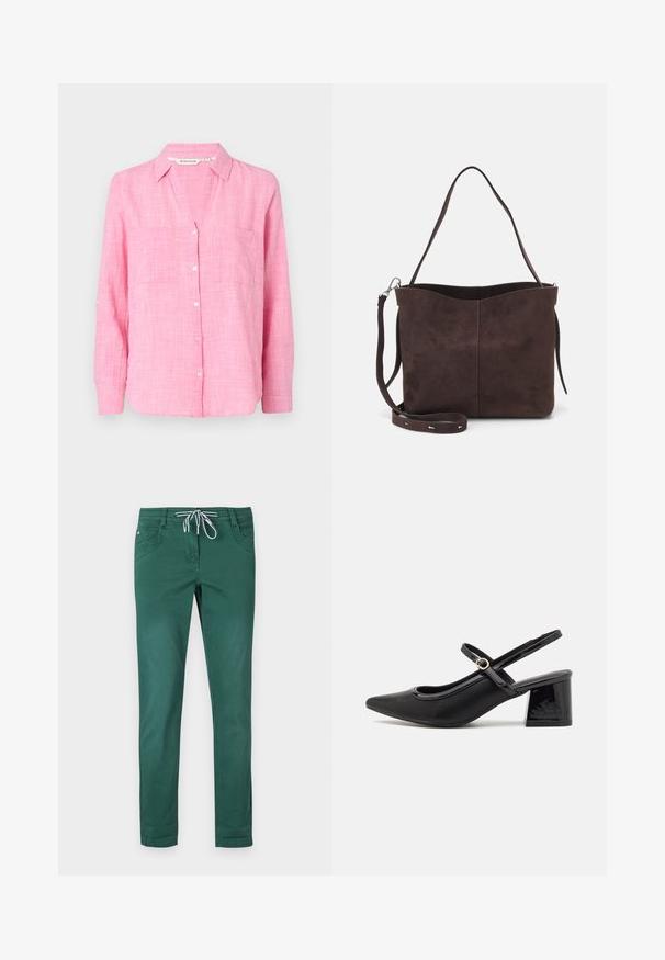 Pink button-up shirt with long sleeves, two chest pockets, and a relaxed fit. Made of lightweight fabric with a textured pattern.; Green cotton blend trousers with a straight-leg design, drawstring waistband, and two front pockets. Smooth texture and no patterns.; Black patent leather slingback heels with a pointed toe, a rounded cutout design, and a block heel. Features a gold-tone buckle accent.; Brown suede tote bag with a soft texture, featuring a single shoulder strap and a subtle curved top opening. No visible hardware details.
