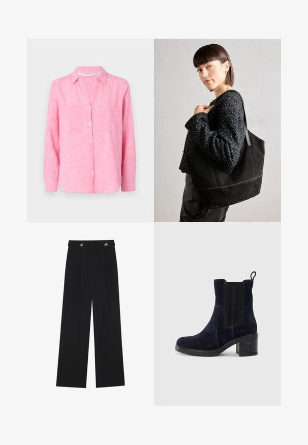 Ροζ πουκάμισο με κουμπιά και μακριά μανίκια, δύο τσέπες στο στήθος και χαλαρή εφαρμογή. Κατασκευασμένο από ελαφρύ ύφασμα με υφή.; Μαύρο παντελόνι φόρμας σε φαρδιά γραμμή με ψηλή μέση, κουμπιά στη μέση και πλαϊνές τσέπες.; Ναυτικό μπλε σουέντ μποτάκι αστραγάλου με ελαστική πλαϊνή επένδυση, στρογγυλή μύτη και τετράγωνη φτέρνα. Η υφή του υφάσματος και η λεία σόλα προσθέτουν αντίθεση.; Μαύρη σουέντ τσάντα tote με λείο υλικό, δομημένο σχήμα και αντίθετη ραφή. Διαθέτει μακριές λαβές για μεταφορά στον ώμο.