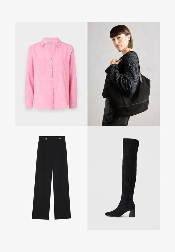 Pink button-up shirt with long sleeves, two chest pockets, and a relaxed fit. Made of lightweight fabric with a textured pattern.; Black wide-leg trousers with high waist, button details on waistband, and front pleats.; Black suede knee-high boot with block heel, pointed toe, and smooth, seamless design on a plain light background.; Black suede tote bag with a smooth texture, structured shape, and contrasting stitching. Features long straps for shoulder carry.