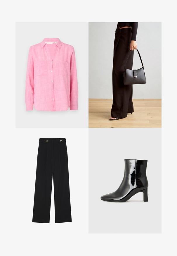 Pink button-up shirt with long sleeves, two chest pockets, and a relaxed fit. Made of lightweight fabric with a textured pattern.; Black wide-leg trousers with high waist, button details on waistband, and front pleats.; Black patent leather ankle boot with a pointed toe and a mid-height block heel. Smooth texture and minimalist design.; Black handbag with structured shape, smooth texture, and a metallic clasp. Paired with wide black pants and open-toe sandals on wooden floor.