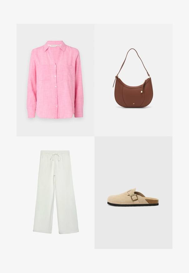 Camicia button-up rosa con maniche lunghe, due tasche sul petto e vestibilità rilassata. Realizzata in tessuto leggero con un motivo testurizzato.; Pantaloni bianchi a gamba larga realizzati in un tessuto morbido. Presentano un elastico in vita con cordino e una consistenza liscia. Senza motivi visibili o accessori.; Zoccoli beige in suede con piede in sughero, punta rotonda e una semplice fascia con una fibbia dorata. Suola in gomma per una buona aderenza.; Borsa a spalla in finta pelle marrone con forma curvata, cuciture minime e un accento in metallo dorato. Presenta una chiusura con zip superiore e una tracolla regolabile.