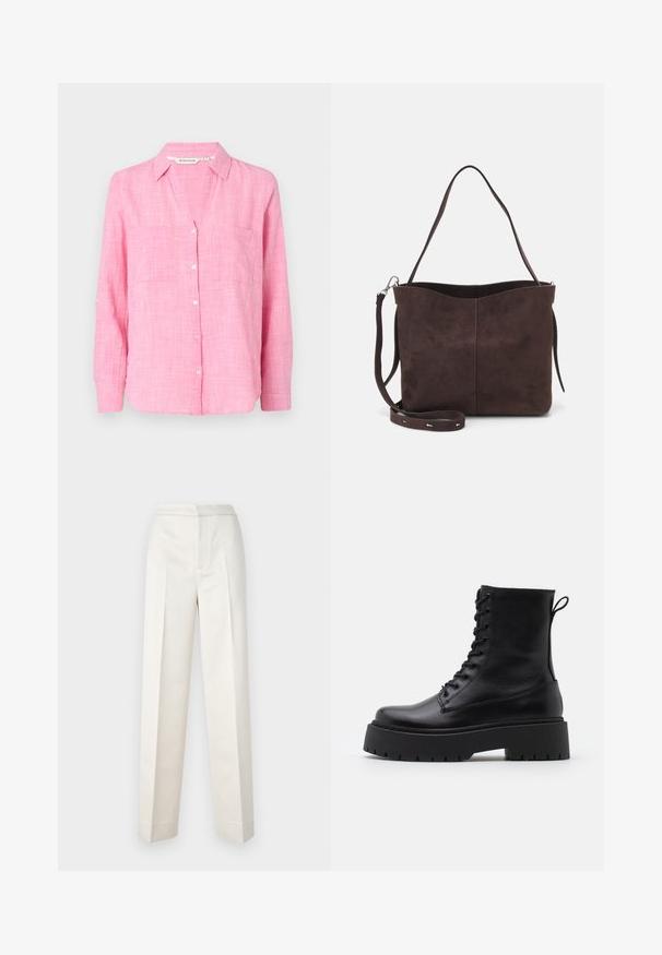 Chemise rose à manches longues, avec deux poches poitrine et une coupe décontractée. Fabriquée en tissu léger avec un motif texturé.; Pantalon couleur crème avec une coupe cintrée, présentant une jambe droite, un tissu lisse, des plis à l'avant et un ourlet propre. Design minimaliste.; Bottines en cuir noir avec un bout rond, un laçage à l'avant et une épaisse semelle en caoutchouc dotée d'un motif texturé. Tirer au dos.; Sac fourre-tout en suède brun avec une texture douce, présentant une seule bandoulière et une ouverture supérieure légèrement courbée. Aucun détail de matériel visible.