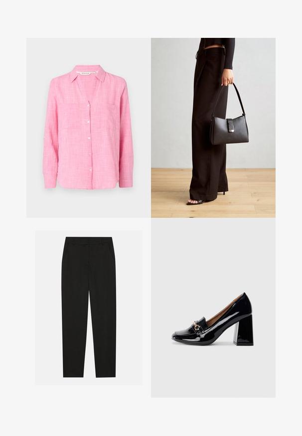 Pink button-up shirt with long sleeves, two chest pockets, and a relaxed fit. Made of lightweight fabric with a textured pattern.; Black trousers with a tailored design, featuring side pockets and a straight leg. Made from smooth, lightweight fabric with a sleek finish.; Black patent leather high-heeled shoe with a pointed toe and block heel. Features a decorative strap and buckle detail on the vamp.; Black handbag with structured shape, smooth texture, and a metallic clasp. Paired with wide black pants and open-toe sandals on wooden floor.