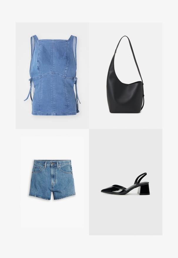 Lys blå denim topp med et tett design, brede stropper, sidesnorer og sømdetaljer for et strukturert utseende.; Lys blå denimshorts med fem lommer, glidelås og knappefeste. Bunnkanten er slitt med et avslappet passformdesign.; Svarte patentlær slingback hæler med spiss tå og geometrisk blokk hæl. Har et stilrent, minimalistisk design og jevn tekstur.; Svart lær hobo-veske med glatt tekstur, buet form og enkelt justerbart stropp; har en bred åpning på toppen.
