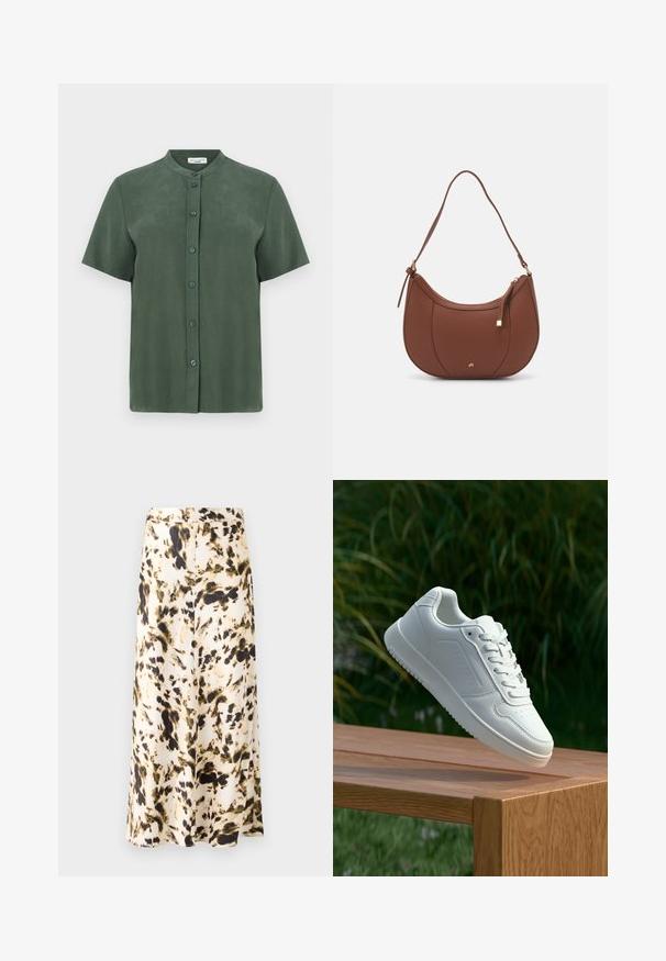 Kurzärmliges grünes Hemd mit Stehkragen, das eine durchgehende Knopfleiste und eine glatte, matte Textur aufweist. Einfaches, gerades Schnittdesign.; Ein knielanger Rock aus einem leichten Stoff mit einem beige-, braun- und grünfarbigen abstrakten Muster. Verfügt über einen enganliegenden Taillenbund und ein fließendes Design.; Weiße Sneaker mit einem glatten, synthetischen Obermaterial, perforierter Zehenbox, flachen Schnürsenkeln und einer strukturierten Sohle, präsentiert auf einer Holzoberfläche.; Braune Kunstleder-Schultertasche mit geschwungener Form, minimaler Naht und goldfarbener Hardware-Akzent. Verfügt über einen oberen Reißverschluss und einen verstellbaren Trageriemen.