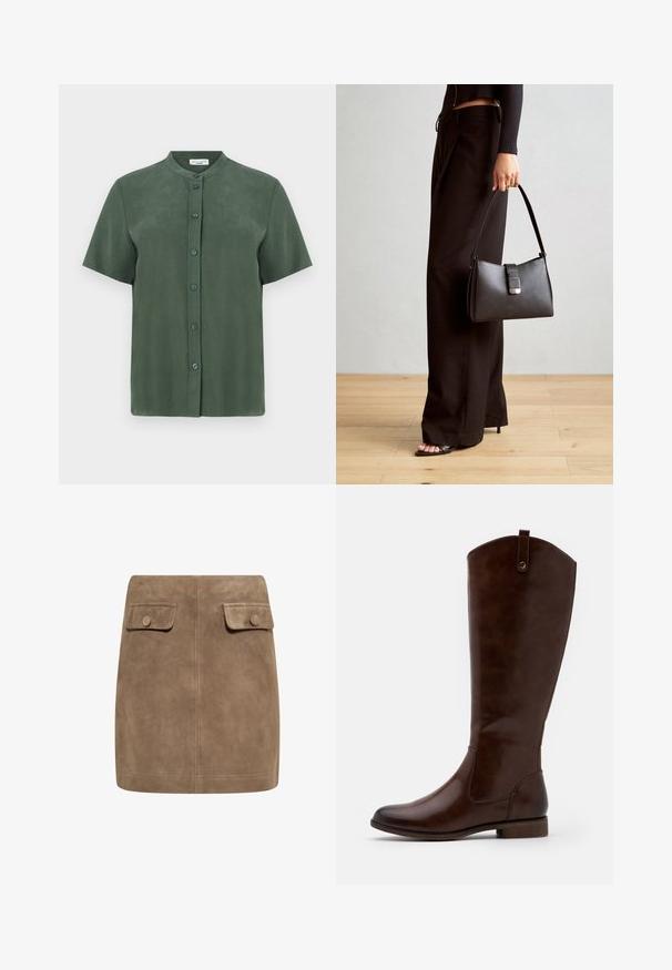 Kurzärmliges grünes Hemd mit Stehkragen, das eine durchgehende Knopfleiste und eine glatte, matte Textur aufweist. Einfaches, gerades Schnittdesign.; Brauner Wildleder-Minirock mit glatter Textur, ausgestattet mit zwei vorderen Klappentaschen und Druckknopfverschlüssen an beiden Seiten. Schlichtes, gerades Design.; Braune kniehohe Stiefel aus glattem Leder, mit runder Zehenform, niedrigem Blockabsatz und einem dezente Stichmuster an den Seiten.; Schwarze Handtasche mit strukturierter Form, glatter Textur und einem metallischen Verschluss. Kombiniert mit weiten schwarzen Hosen und offenen Sandalen auf einem Holzboden.