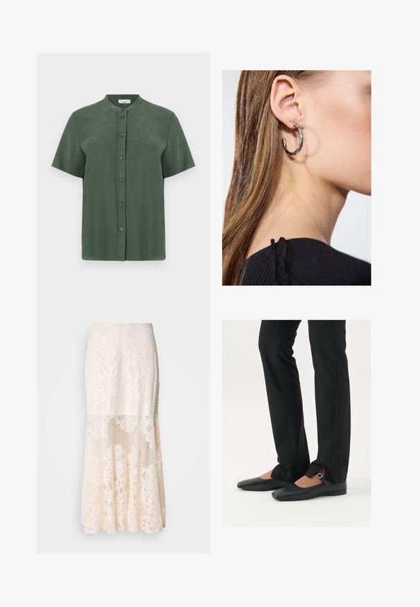 Short-sleeved green shirt with a mandarin collar, featuring a button-down front and a smooth, matte texture. Simple, straight cut design.; Black tank top made from soft, stretchy fabric. Features a round neckline and wide shoulder straps, with a fitted silhouette and smooth texture.; Floral lace midi skirt in cream; features layered design with sheer sections, textured lace, and a flared hem.; Black leather ballet flats with a pointed toe, strap with silver buckle, paired with black tailored pants featuring a slit hem.; Silver hoop earring with a polished finish, featuring small gold accent details and a round shape, worn on the lobe.