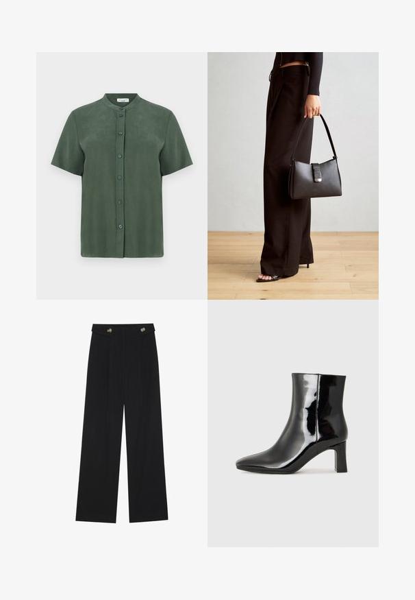 Camisa verde de manga curta com colarinho mandarina, apresentando um fecho frontal com botões e uma textura lisa e mate. Design simples e de corte reto.; Calças largas pretas com cintura alta, detalhes em botão na cintura e pregas frontais.; Botim de tornozelo em pele sintética preta com bico apontado e salto bloco de altura média. Textura suave e design minimalista.; Bolsa preta com forma estruturada, textura suave e um fecho metálico. Combinada com calças largas pretas e sandálias de salto aberto sobre um chão de madeira.