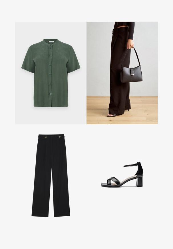 Short-sleeved green shirt with a mandarin collar, featuring a button-down front and a smooth, matte texture. Simple, straight cut design.; Black wide-leg trousers with high waist, button details on waistband, and front pleats.; Black open-toe heeled sandal with crossed straps, adjustable ankle strap, and a chunky heel, featuring a smooth leather texture.; Black handbag with structured shape, smooth texture, and a metallic clasp. Paired with wide black pants and open-toe sandals on wooden floor.