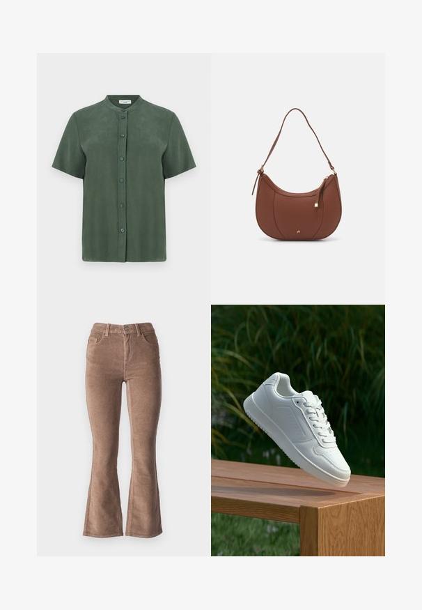 Kurzärmliges grünes Hemd mit Stehkragen, das eine durchgehende Knopfleiste und eine glatte, matte Textur aufweist. Einfaches, gerades Schnittdesign.; Braune Corduroy Schlaghose mit gerippter Textur, hohe Taille, fünf Taschen und Knopfverschluss vorne.; Weiße Sneaker mit einem glatten, synthetischen Obermaterial, perforierter Zehenbox, flachen Schnürsenkeln und einer strukturierten Sohle, präsentiert auf einer Holzoberfläche.; Braune Kunstleder-Schultertasche mit geschwungener Form, minimaler Naht und goldfarbener Hardware-Akzent. Verfügt über einen oberen Reißverschluss und einen verstellbaren Trageriemen.