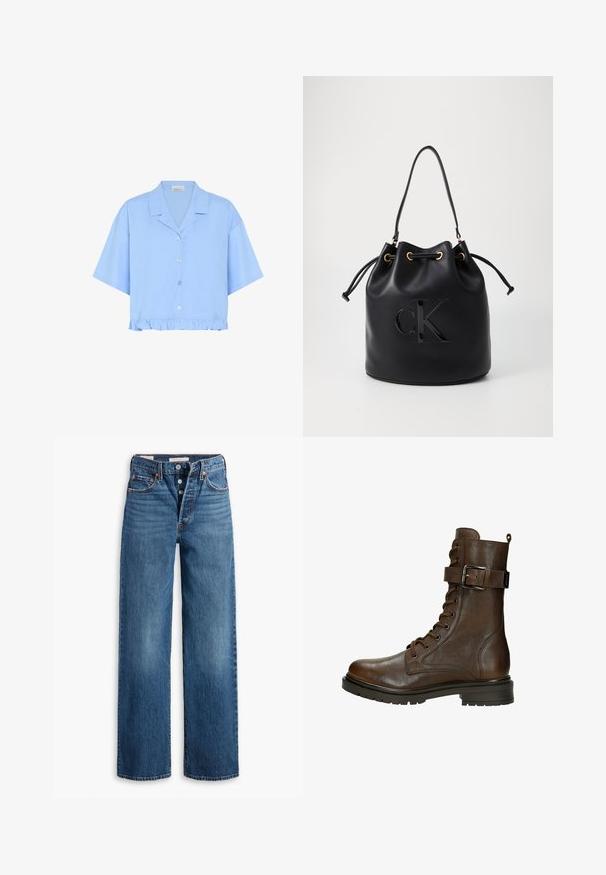 Lichtblauwe cropped shirt van katoen; heeft korte mouwen, een kraag, knopen aan de voorkant en een gerimpelde onderrand.; Blauwe denim jeans met een wijduitlopende ontwerp, vijf zakken, knoopsluiting en contrasterende stiksels. Gestructureerde stof met een vervaagde afwerking.; Bruine leren veterschoen tot de enkel met een zijgesp, ronde neus, robuuste zool en stiksels voor extra textuur.; Zwarte leren emmer tas met trekkoord sluiting, voorzien van een glanzend "CK" logo aan de voorkant en gouden hardware accenten.