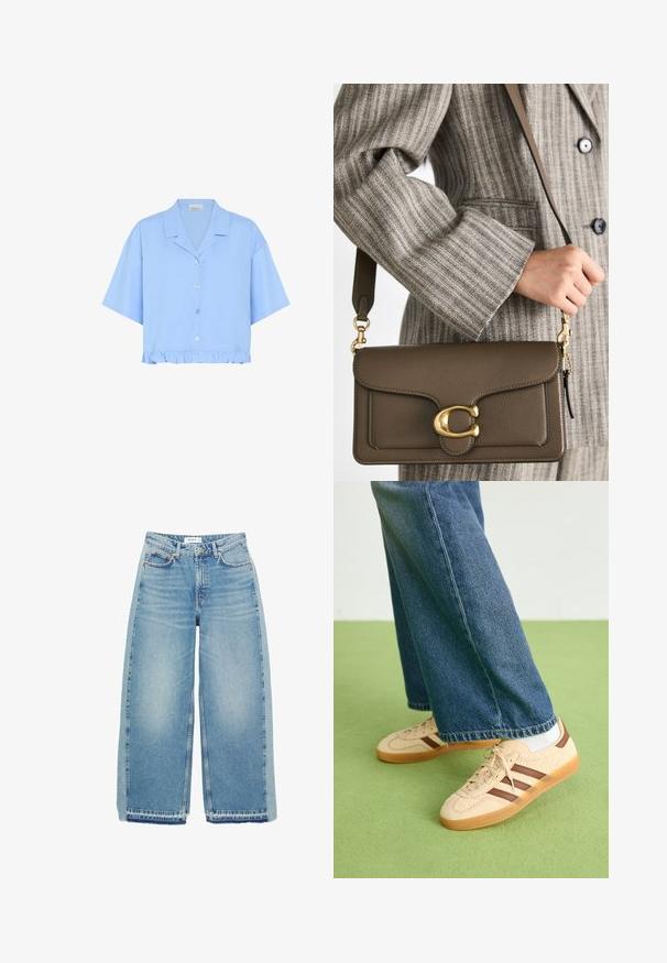 Helles blaues, kurz geschnittenes Hemd aus Baumwolle; hat kurze Ärmel, einen Kragen, eine Knopfleiste vorne und einen gerafften Saum am unteren Ende.; Helleblaue, weit geschnittene Jeans aus Denim, mit hoher Taille, Knopfverschluss, Vordertaschen und rohem Saum.; Beige Sneakers mit strukturierten cremefarbenen Paneelen und braunen Streifen, kombiniert mit blauen Jeans. Die Jeans haben einen weiten Beinschnitt und einen fransigen Saum.; COACH TABBY SHOULDER BAG 26 - Handtasche - dark stone