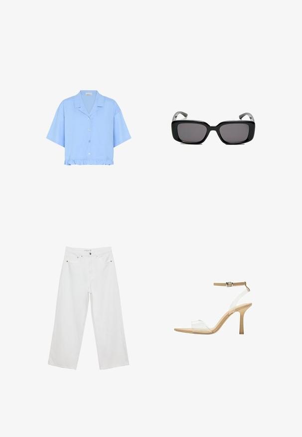 Svijetloplava skraćena majica od pamuka; ima kratke rukave, ovratnik, gumbe sprijeda i volani na dnu.; Bijele široke traperice s visokim strukom, s pet džepova i metalnim detaljima. Glatka tekstura, bez vidljivih uzoraka.; Sandal s prozirnim potplatom i prozirnim gornjim dijelom, bež uloškom i tankim remenom oko gležnja. Ima špicasti vrh i tanak visoki potplat.; Crne pravokutne sunčane naočale s tamnim lećama, glatkim plastičnim okvirom i zakrivljenim državama. Dizajn je masivan s minimalističkom estetikom.; Bijela sintetička torbica s trokutastim oblikom, ravnim prednjim poklopcem i detaljem u obliku mašne, podesivom remenom, glatkom teksturom i minimalističkim dizajnom.