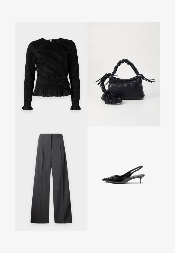 Fekete, hosszú ujjú felső, változó szélességű texturált fodrokkal, kerek nyakkivágással és bővülő mandzsettákkal. Hátul cipzáros záródás.; Széles szárú nadrág sötétszürke anyagból, magas derekú, egyes redőkkel, sima textúrával és tiszta befejezéssel a szegélyeken.; Fekete bőrből készült slingback magassarkú cipők hegyes orral, kis francia sarokkal és díszes csomóval az elején. Az egész felületen sima textúra.; Fekete műbőr kézi táska krokodil bőr textúrával, összehúzható tetejű és gyűrt pánttal. Lágy és kompakt dizájnúnak tűnik.