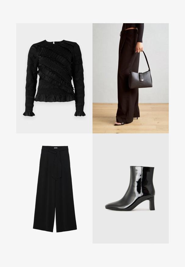 Black long-sleeve top with textured ruffles in varying widths, featuring a round neckline and flared cuffs. Back zipper closure.; Black wide-leg pants featuring a textured fabric, an elastic waistband, and a detachable sash tie at the waist for adjustable fit.; Black patent leather ankle boot with a pointed toe and a mid-height block heel. Smooth texture and minimalist design.; Black handbag with structured shape, smooth texture, and a metallic clasp. Paired with wide black pants and open-toe sandals on wooden floor.
