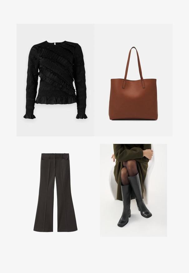 Čierny dlhý rukáv top s textúrovanými volánmi rôznych šírok, s okrúhlym výstrihom a rozšírenými manžetami. Zapínanie na zips na chrbte.; Čierne rozšírené nohavice s vysokým pásom; majú dve bočné vrecká a hladkú textúru látky. Vhodné na rôzne príležitosti.; Čierne kožené čižmy po kolená so štvrtým prstom a blokovým opätkom, zobrazené s modelom sediacim v olivovo zelenej bunde. Hladká textúra, minimálne detaily.; Hnedá kožená taška na rameno s hladkou textúrou, otvoreným vrchom a dvoma ramenými popruhmi. Má minimálne šitia a žiadne viditeľné kovania.