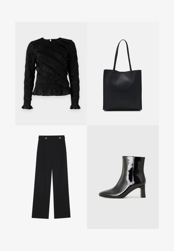 Musta pitkähiha aivan ykkösvaate, jossa on tekstuuroituja röyhelöitä vaihtelevilla leveydellä. Pyöreä pääntie ja levenevät hihansuut. Takana vetoketjusulku.; Mustat leveälahkeiset housut, joissa on korkea vyötärö, napit vyötärönauhassa ja etupuolella laskokset.; Musta patenttilakattu nilkkuri, jossa on terävä kärki ja keskipitkä lohkarekorko. Silkkinen pinta ja minimalistinen muotoilu.; Mustapahkainen kangaskassi, jossa on sileä pinta, suorakaiteen muotoinen ja kaksi pitkää kahvaa. Ei näkyvää metalliosaa tai koristeita.