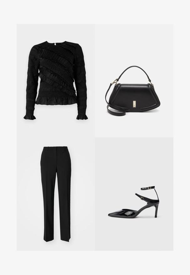 Juoda ilgomis rankovėmis palaidinė su tekstūruotomis raukšlėmis, kurių plotis skiriasi, su apvaliu iškirpimu ir išsiplėtusiais rankogaliais. Užtrauktuko uždarymas nugaros pusėje.; Juodi pritaikyti kelnių modeliai su tiesiomis kojomis, pasižyminčios lygiomis tekstūromis ir ryškiomis klostėmis priekyje. Nėra matomų detalių.; Juodos lakinės odos aukštakulnės su smailiu koja, reguliuojamais kulkšnies dirželiais ir lieknu kulnu. Lygus paviršius su blizgiu apdaila.; Juoda odinė rankinė su struktūrizuotu dizainu, turi trumpą formą, viršutinę rankeną ir auksinius akcentus. Pridėtas reguliuojamas peties diržas.