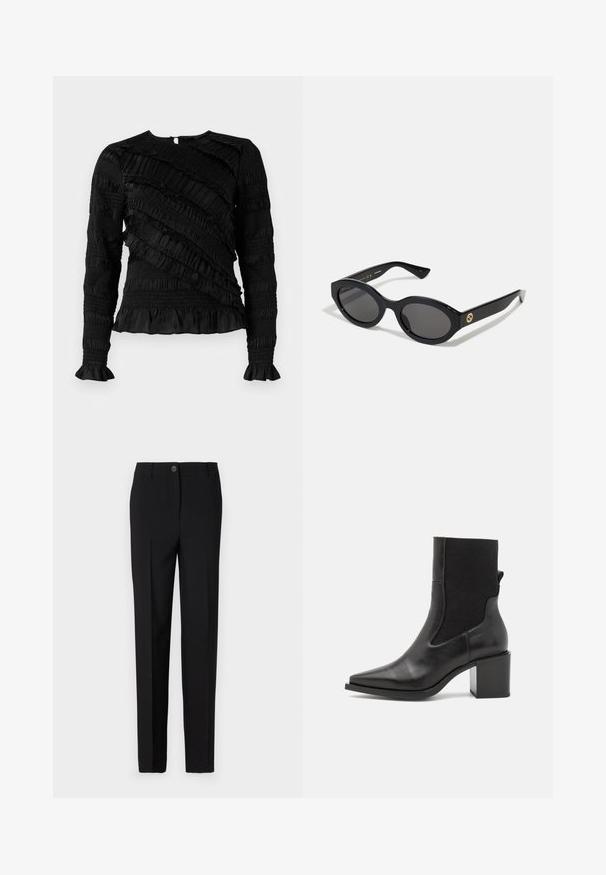 Schwarzes Langarmoberteil mit strukturierten Rüschen in unterschiedlichen Breiten, runder Halsausschnitt und ausgestellten Ärmeln. Mit Reißverschluss an der Rückseite.; Schwarze, maßgeschneiderte Hose mit geradem Bein, ausgestattet mit einem Knopfverschluss und Gürtelschlaufen, aus glattem Stoff gefertigt.; Schwarze Stiefelette mit spitzem Schuhschnitt, aus glattem Leder und elastischem Stoff gefertigt. Mit Blockabsatz und minimalistischem Design.; Schwarze ovale Sonnenbrille mit dunklen Gläsern und glänzendem Kunststoffrahmen. Mit goldenem Logo am Bügel, das ein elegantes und modernes Design bietet.; Blau gemusterte Handtasche aus Stoff, mit geschwungener Form, schwarzem Ledergriff und Logo-Design in einem helleren Farbton.