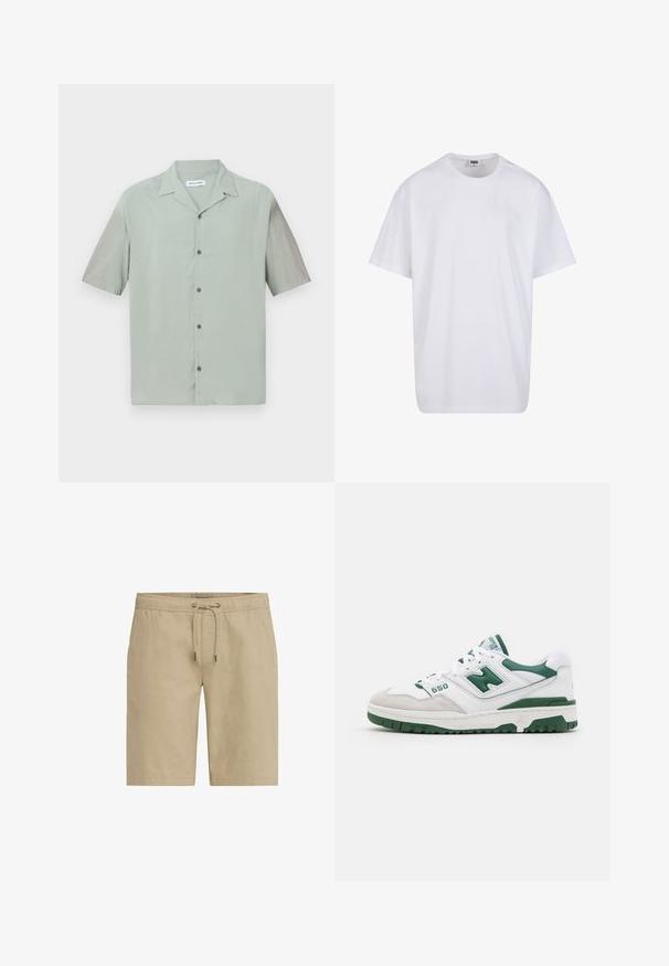Korte mouwen overhemd met knopen in lichtgroene stof, met een puntige kraag en donkere knopen aan de voorkant. Soepele, lichte textuur.; Witte katoenen t-shirt met korte mouwen, ronde hals, relaxte pasvorm en zonder zichtbare logo's of patronen. Gladde textuur en minimalistisch ontwerp.; Beige shorts van zachte stof, met een elastische tailleband met een trekkoord en zijzakken, ontworpen met een rechte snit.; Witte sportieve schoen met groene accenten, gestructureerd leer en suede, geperforeerde details, gevoerde kraag en rubberen zool. Modelnummer 550.