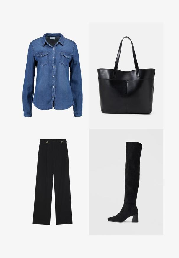 Keskmise sinise värvusega teksashirp, pika varrukaga, nööpidega ees, terav krae ja kaks rinna taskut. Pehme tekstuur ja tavaline lõige.; Mustad laiad püksid kõrge vöökoha ja nööpdetailidega vööandil, esikortsudega.; Must must ümberpööratud musta nahast põlve kõrgune saapad blokknõelaga, terava varbaga ja sujuva, õmblusteta disainiga, asetatud heledale taustale.; Must mustaga musta nahast, millel on kaks pikka kanda, sile tekstuur ja struktureeritud kuju. Esipoolsel on lisakoti jaoks tasku.