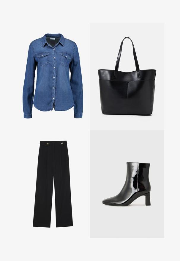 Keskmise sinise värvusega teksashirp, pika varrukaga, nööpidega ees, terav krae ja kaks rinna taskut. Pehme tekstuur ja tavaline lõige.; Mustad laiad püksid kõrge vöökoha ja nööpdetailidega vööandil, esikortsudega.; Must-sinine nahkjalats musta läikiva viimistlusega, millel on terav nina ja keskmise kõrgusega plokk konts. Sile tekstuur ja minimalistik disain.; Must mustaga musta nahast, millel on kaks pikka kanda, sile tekstuur ja struktureeritud kuju. Esipoolsel on lisakoti jaoks tasku.