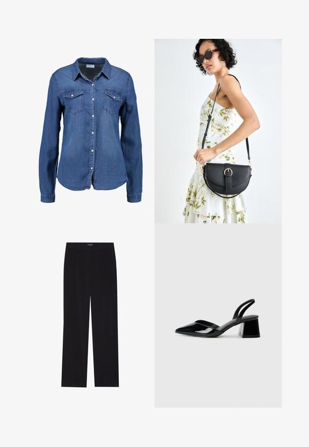 Denimskjorte i middels blå farge med lange ermer, knappefront, spiss krage og to brystlommer. Myk tekstur med standard passform.; Sorte kordfløyelsbukser med rett snitt, med flat midje og ingen synlige lommer, glatt tekstur og vertikal ribbestruktur.; Svarte patentlær slingback hæler med spiss tå og geometrisk blokk hæl. Har et stilrent, minimalistisk design og jevn tekstur.; Svart lærveske med en buet form, avtagbar stropp og gullbeslag. Vesken har et klaff med spenne-detall.