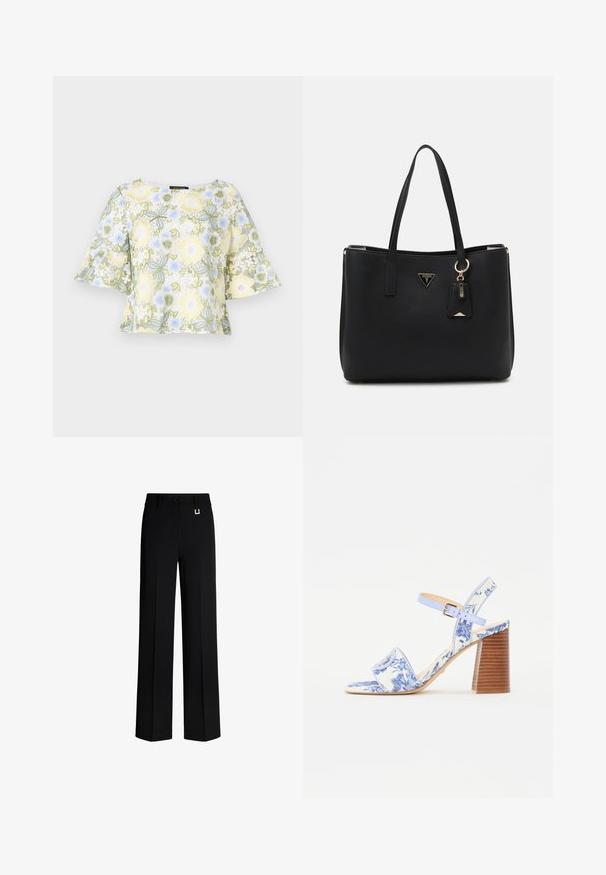 Bruuns Bazaar YVONNE CARLIS - Blouse - multi coloured; Zwarte wijde broek van een gladde stof. Voorzien van een knoopsluiting en een metalen accent in goudkleur op de tailleband. Rechte, op maat gemaakte pasvorm.; Blauw bloemenpatroon sandaal met een vierkante neus, een brede band en een verstelbare enkelband, met een getextureerde houten blokhak.; Zwarte tote bag van gestructureerd synthetisch materiaal, met twee handvatten, een gouden logo plaatje en een klein label met accentdetail.