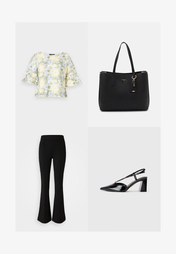 Bruuns Bazaar YVONNE CARLIS - Bluse - multi coloured; Schwarze, ausgestellte Hose aus einem dehnbaren Material mit glatter Textur, ausgestattet mit Nahtdetails an der Vorderseite für ein zusätzliches Designelement.; Schwarze lackleder Slingback-High-Heels mit spitz zulaufender Zehenpartie, verstellbarem Riemen und klobigem rechteckigem Absatz.; Schwarze Tragetasche aus strukturiertem synthetischem Material, mit zwei Griffen, einem goldenen Logo-Schild und einem kleinen Anhänger mit Akzentdetail.