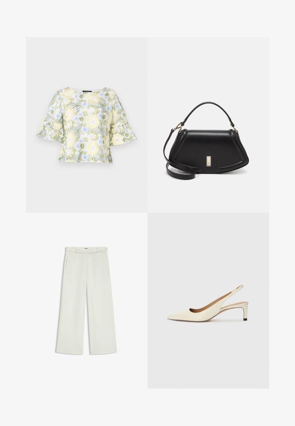 Bruuns Bazaar YVONNE CARLIS - Bluse - multi coloured; Bredde bukser i lys cremefarvet stof, med sidelommer, flad front og en enkelt knaplukning i taljen. Glat tekstur.; Sko med spids tå og slingback i off-white læder, med en lav hæl og udskæringsdesign, der har en glat tekstur og minimale accenter.; Sort læderhåndtaske med en struktureret design, der har en kortet form, tophåndtag og guld hardware-accenter. Justerbar skulderrem inkluderet.