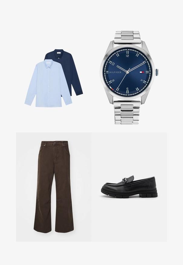 Zwei langärmelige Hemden: eines hellblau und eines marineblau. Beide verfügen über eine Knopfleiste, einen Kentkragen und eine glatte Stofftextur.; Braune weit geschnittene Baumwollhose mit hoher Taille, vorderen Taschen und glatter Textur. Die Verarbeitung umfasst dezente Steppdetails.; Schwarzer Lederloafer mit runder Zehenform, einem dekorativen Riemen und Hardware sowie einer robusten, strukturierten Sohle. Glatte Oberfläche mit dezenten Details.; Silberne Metall-Uhr mit einem gebürsteten blauen Zifferblatt, weißen Stundenmarkierungen und einem Datumsanzeiger. Verfügt über ein verlinktes Metallarmband und ein Markenlogo.; Silberne Halskette mit dicken Gliedern und einem zentralen runden Anhänger mit filigranen Details. Glatte, reflektierende Metalloberfläche.