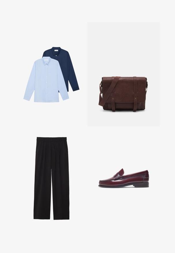 Twee shirts met lange mouwen: één lichtblauw en één donker marineblauw, beide met een klassieke kraag en knoopsluiting aan de voorkant, gemaakt van gladde stof.; Zwarte wijde broek met geplooide voorkant, zijzakken en een gladde stoftextuur. Ontworpen voor een ontspannen pasvorm.; Bordeaux leren instapper met een ronde neus, gestikte details en een kleine decoratieve accent op de schacht. Platte, contrasterende zool.; Bruine lederen schoudertas met een platte voorflap, twee banden, gouden hardware-accenten en een verstelbare schouderband.