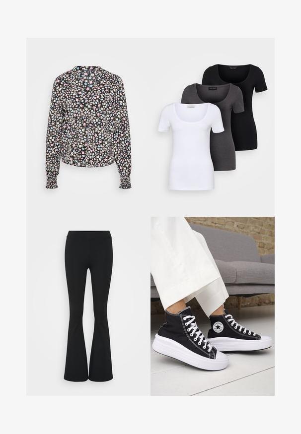 Ilga rankovė švarkelis juodu audiniu su gėlių raštu rožinės, mėlynos ir bežinės spalvų. Su apykakle ir susikaupusiais rankogaliais.; Trys priderinti marškiniai: balti, pilki ir juodi. Kiekvienas turi plačią apvalią iškirptę ir trumpas rankoves. Pagaminti iš lygaus, tamprių audinio.; Juodai platėjantys kelnių, pagamintų iš tamprių medžiagų, kurie turi aukštą juosmenį ir lygią tekstūrą. Kelnės platėja nuo kelio.; Juodi aukštakulniai sportbačiai su baltais guminiu padu ir raišteliais. Ant jų yra apvalus logotipo lopas ir kontrastingos baltos siūlės. Pagaminti iš drobės medžiagos.