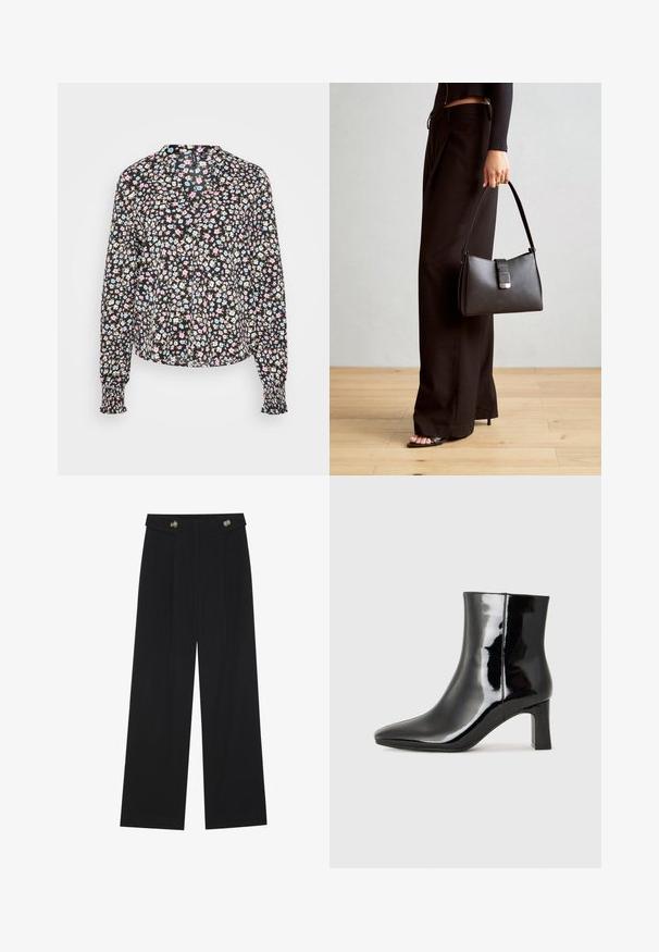 Bluzka z długim rękawem w czarnym kolorze, zdobiona kwiatowym wzorem w odcieniach różu, niebieskiego i beżu. Posiada kołnierzyk i marszczone mankiety.; Czarne szerokie spodnie z wysokim stanem, z detalami w postaci guzików na pasku oraz plisami z przodu.; Czarne lakierowane botki za kostkę z wysmukłym noskiem i średniej wysokości obcasem w kształcie słupka. Gładka tekstura i minimalistyczny design.; Czarna torebka o usztywnionym kształcie, gładkiej fakturze i metalowym zapięciem. Połączona z szerokimi czarnymi spodniami i sandałami na otwartym palcu na drewnianej podłodze.