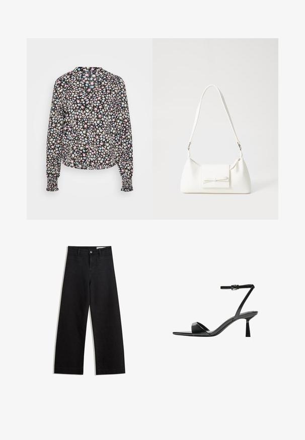 Long-sleeve blouse in black fabric with a floral pattern in pink, blue, and beige. Features a collar and gathered cuffs.; Black wide-leg denim pants with a high waist, featuring front and back pockets, stitched seams, and a button closure. Smooth texture.; Bershka High heeled sandals - black; White synthetic handbag with a triangular shape, flat front flap and bow detail, adjustable strap, smooth texture, and minimalistic design.