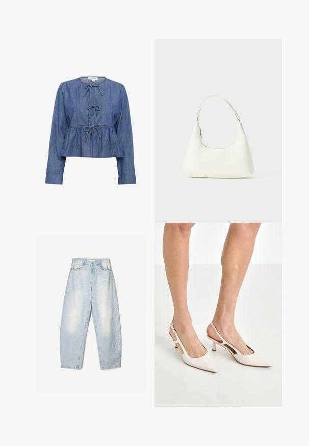 Modrá denimová halenka s dlouhým rukávem a kulatým výstřihem, se třemi zavázanými mašlemi vpředu a nařaseným pasem ve stylu peplum.; Světle modrý krajkový tílko s tenkými ramínky, zdobené vlnitým krajkovým lemem a květinovým vzorem, navržené pro přiléhavý střih.; Světle modré džíny s volným střihem, s vybledlým povrchem, dvěma předními kapsami a zapínáním na knoflík v pase.; Béžové lakované lodičky na podpatku s špičatou špičkou a 5 cm podpatkem, se vykrojenými boky a tenkým kotníkovým páskem.; Malá bílá ramenní taška s jedním nastavitelným popruhem a zipovým uzávěrem, umístěná na jednobarevném bílém pozadí.