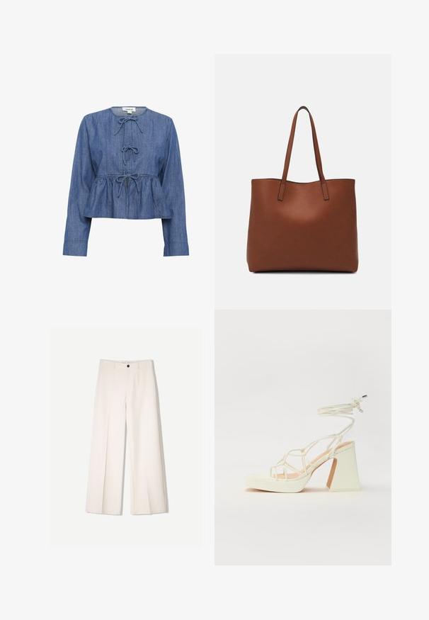 Kék farmer hosszú ujjú blúz kerek nyakkivágással, három megkötött masnival az elején, és rakott, peplum stílusú derékkal.; Tejbézs széles lábú nadrág, szabott kialakítással, két elülső zsebbel és egyetlen elülső gombos záródással, sima anyagból készült.; Fehér, magassarkú szandál vastag sarokkal, pántos dizájnnal és bokapánttal. Sima textúra, elülső platformmal a megnövelt magasság érdekében.; Barna bőr vászontáska sima textúrával, nyitott tetejű dizájnnal és két vállpánttal. Minimális varrással és látható hardver nélkül készült.