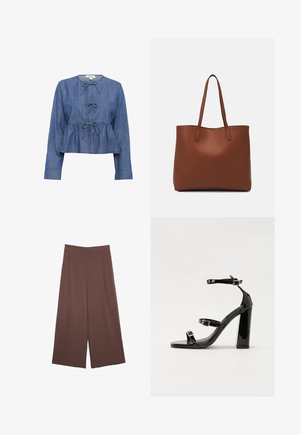 Blusa in denim blu a maniche lunghe con scollatura arrotondata, tre fiocchi legati lungo la parte anteriore e una vita arricciata in stile peplum.; Pantaloni ampi marroni con una texture liscia, caratterizzati da una vita alta e pieghe frontali. Il tessuto è leggero e scorre liberamente.; Sandali con tacco in vernice nera, con punta squadrata, cinturini alla caviglia e fibbie in argento. Presentano un tacco a blocco spesso per maggiore stabilità.; Borsa tote in pelle marrone con texture liscia, design con apertura superiore e due spallacci. Presenta cuciture minime e nessun hardware visibile.