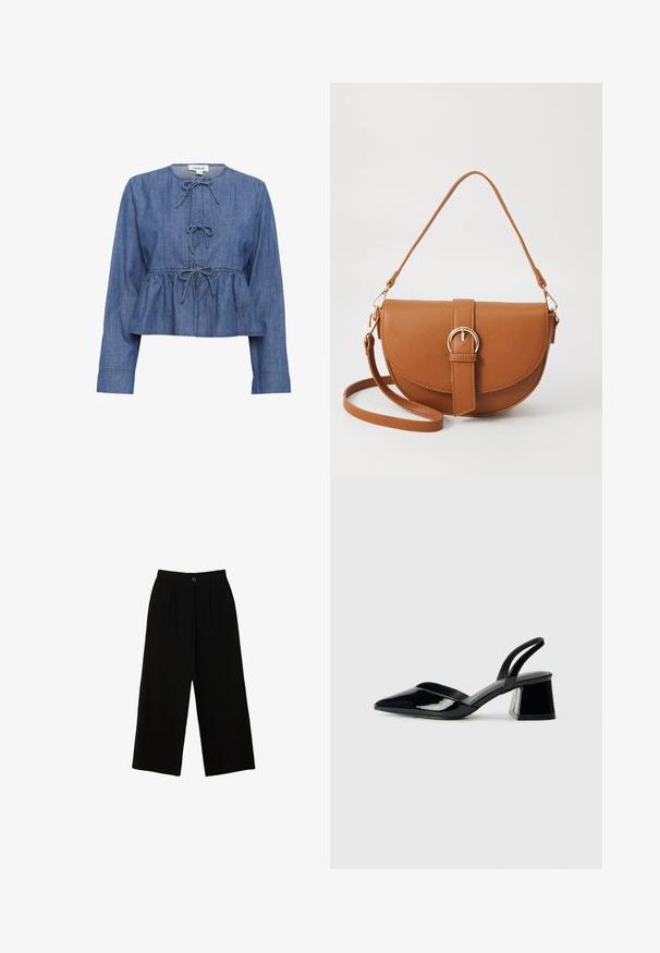 Modrá denimová blúzka s dlhým rukávom a okrúhlym výstrihom, s tromi uviazanými mašľami pozdĺž predného dielu a na zberanom, peplum štýle pásu.; Čierne široké nohavice vyrobené z hladkého materiálu, s vysokým pásom, prednými záhybmi a jedným horným gombíkom na zapínanie.; Čierne lakované kožené sandálové podpätky s špicatou špičkou a geometrickým blokovým podpätkom. Disponujú elegantným, minimalistickým dizajnom a hladkým povrchom.; Hnedá kožená kabelka cez telo s zakriveným tvarom, zlatými kovovými doplnkami a akcentom s prackou. Obsahuje odnímateľný ramenný popruh.