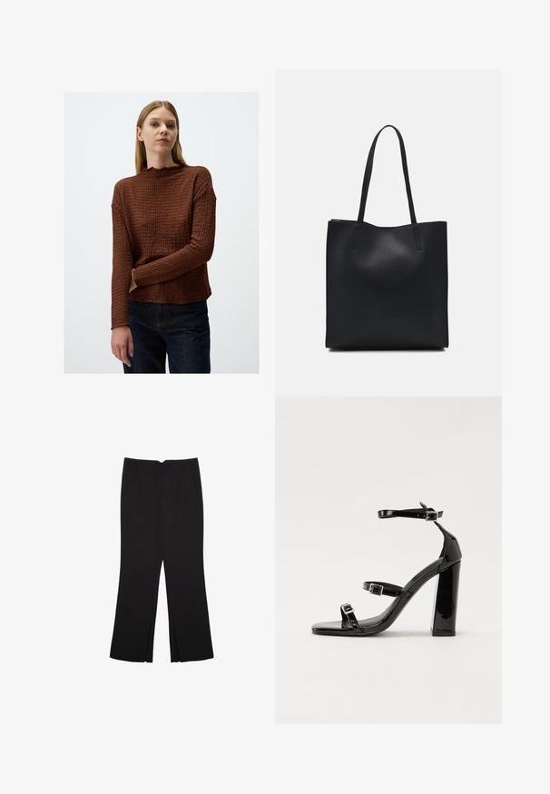 Un pull long à manches longues de couleur brune avec un col festonné, une coupe ample et des manches côtelées, associé à un jean en denim foncé.; Pantalon noir avec une coupe droite, doté de poches avant et d'éclairs sur l'ourlet. Fabriqué en tissu doux et lisse. Convient à diverses occasions.; Sandales à talons hauts en cuir verni noir avec deux brides à boucles, bout carré et talon bloc épais, présentant une texture lisse et brillante.; Sac fourre-tout en cuir noir avec une texture lisse, de forme rectangulaire et deux longues poignées. Pas de matériel ou d'ornementations visibles.