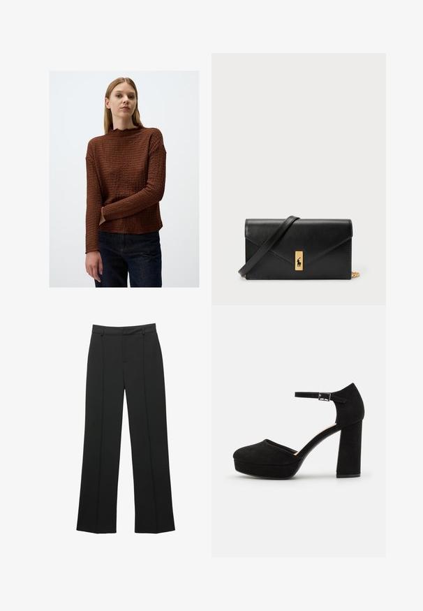 Brauner, strukturierter Pullover mit langen Ärmeln, gewelltem Ausschnitt, lockerer Passform und gerippten Ärmeln, kombiniert mit dunkelblauen Jeans.; Schwarze hochtaillierte weit geschnittene Hosen mit Gürtelschlaufen und einer vorderen Nahtdetails, auf einem weißen Hintergrund präsentiert.; Schwarze Wildleder-Plattformabsätze mit einem dicken Blockabsatz, runder Zehenpartie und einem Knöchelriemen, der mit einer Metallschnalle gesichert ist. Glatte Oberfläche über das gesamte Schuhwerk.; Schwarze Leder-Geldbörse mit Klappverschluss, goldfarbener Hardware und Logo-Akzent. Inklusive abnehmbarem Trageriemen.