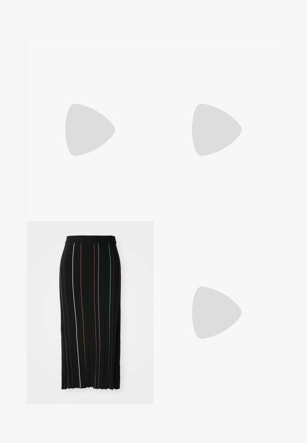 Top senza maniche nero con scollatura a V, caratterizzato da strisce verticali rosse, bianche, blu, gialle, verdi e marroni; texture a coste.; Gonna nera plissè con strisce verticali gialle, arancioni, rosse, verdi e bianche. Presenta una vita aderente e un orlo leggermente irregolare.; Loeffler Randall KAYLA - Espadrillas - natural; Grandi occhiali da sole quadrati con montatura in tartaruga marrone e lenti rosa sfumate. Presentano un accento dorato con logo sulla tempia.