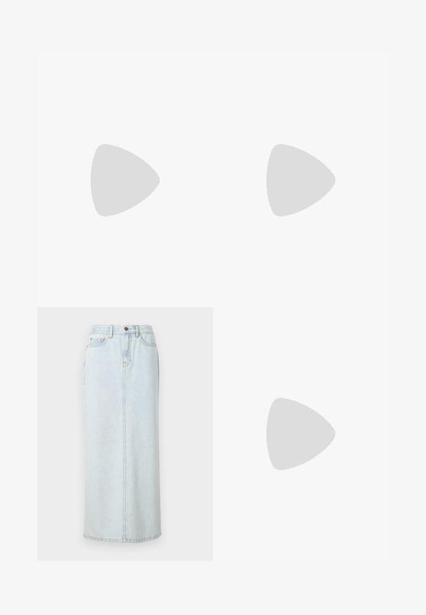 Svart bomulls-T-skjorte med kort erme, med et rundt sølvgrafisk design med bokstaver og "LONDON" nederst i midten.; Lys blå denim maxi-skjørt med rett design, front knappestenging og synlige sømmer. Har to frontlommer.; Hvite lær sneakers med tykk hvit såle, svart semsket hælforsterkning og preget logo på siden. Snøresystem med seks hull.; Store svarte solbriller i overdimensjonert størrelse med geometrisk form, med mørke linser og en kontrasterende grå detalj på rammen. Logo på armen.