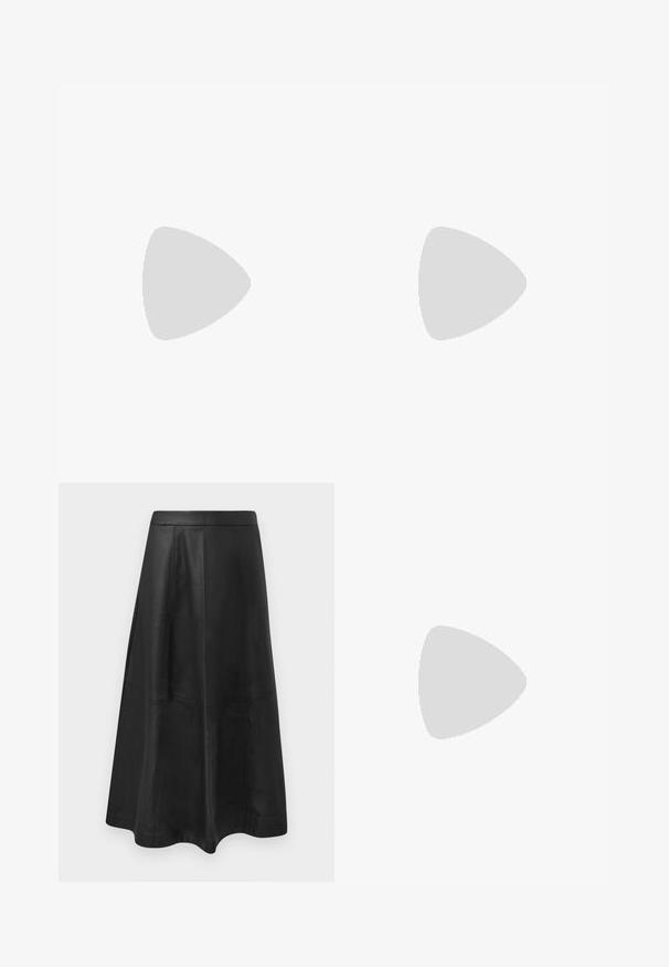 Bílý bavlněný tričko s barevným potiskem zmrzliny v misce, s třešněmi a textem v purpurových a zlatých akcentích. Krátké rukávy a kulatý výstřih.; Černá kožená midi sukně s vykrojeným střihem, která má švové detaily a hladkou texturu. Žádné viditelné kovové prvky ani ozdoby.; Bílé běžecké boty s textilním svrškem, metalicky stříbrnými akcenty, šedým podpatkem a gumovou podrážkou. Obsahuje texturovaný design a tkaničky.; Černá syntetická kabelka s zakřiveným tvarem, zlatými detaily a trojúhelníkovým logem. Vybavena zipovým uzávěrem a nastavitelným popruhem.