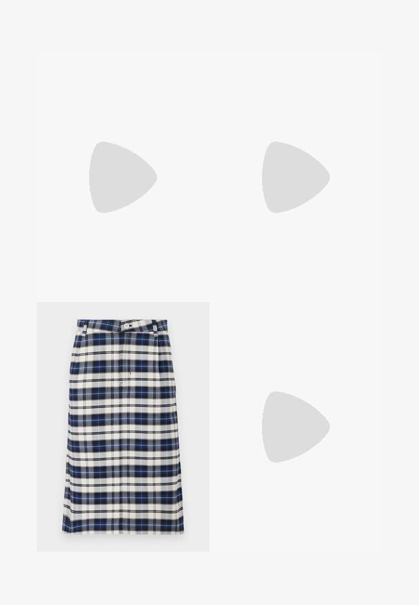 Valkoinen neulottu toppi, jossa on neliönmuotoinen kaulasuoni, leveät olkaimet ja rento leikkaus, joka tarjoaa sileän pinnan ilman kuvioita.; Ruudullinen hame tummansinisessä, valkoisessa ja harmaassa. Ominaisuuksina suora siluetti, nappikiinnitys ja hienovarainen tekstuuri ruutupinnalla.; Mustekat ja valged tossud, mis on valmistatud sametist ja võrgumaterjalidest. Puhutud tähtlogo ja julged aktsendid külgedel, pehme tallaga.; Ruskea nahkainen olkalaukku, jossa on kaareva muoto, kultaiset yksityiskohdat, yläklipsi ja logotaitto. Sujuva tekstuuri, jossa on ommellut reunat.