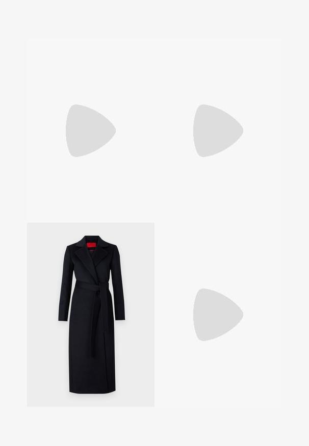 Fehér pamut póló kerek nyakkivágással és rövid ujjal, laza fazonban és minimalista dizájnnal. A címke látható a nyakán.; Fekete trench kabát hosszú ujjakkal, átkötős dizájnnal és hozzá illő övvel. Simfémből készült, hajtókás gallérral és oldalsó zsebekkel rendelkezik.; Fekete bőr balettcipő lekerekített orral, sima tekstúrával, minimális varrással és rugalmas talp kialakítással.; Barna bőr kézitáska, hajtókás zárással, arany színű fém kiegészítőkkel, vállpánttal és sima felülettel. Kompakt téglalap alakú.