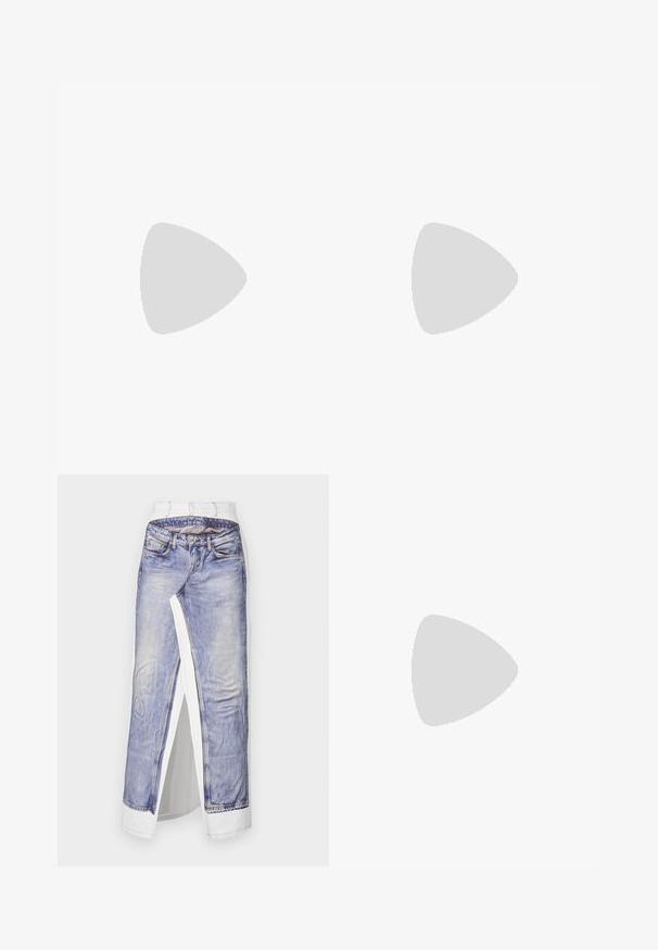 Black fitted jacket with beige Gothic "M" pattern, long sleeves, full front zipper, and a pointed collar.; Denim skirt with a photo print of jeans on white fabric. Features standard waistline, side slit, and detailed stitching on pockets.; Black patent slingback heel with a pointed toe, featuring textured snake print, adjustable strap, and a short, textured block heel.; Black quilted leather bag with a chain strap, featuring skull accents and a zip closure. Textured surface with a glossy finish.